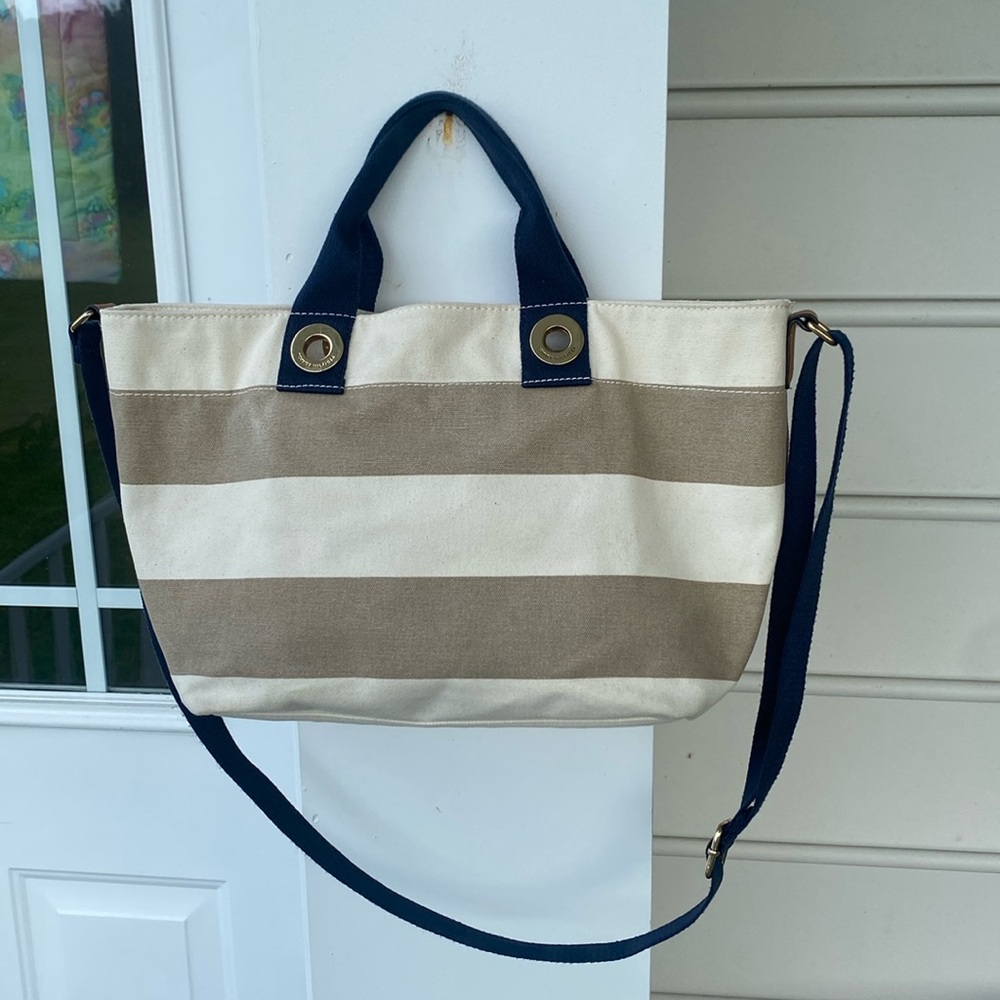 Tommy Hilfiger beige Striped Open Canvas Tote with adjustable crossbody strap